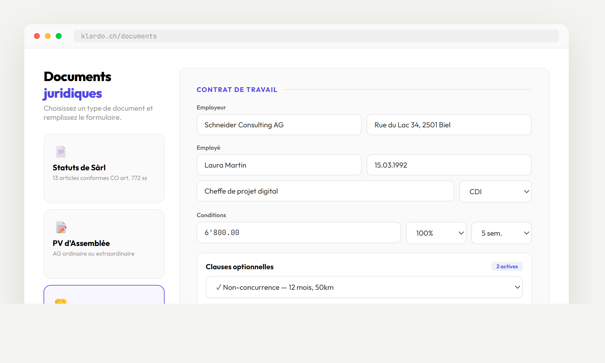 Générateur de documents juridiques suisses